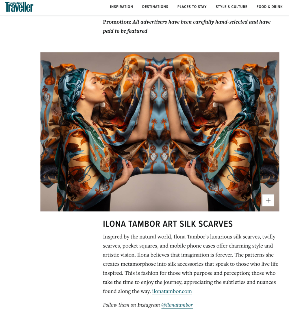 Ilona Tambor silk scarves featured in Condé Nast Traveller On The Move in 2020