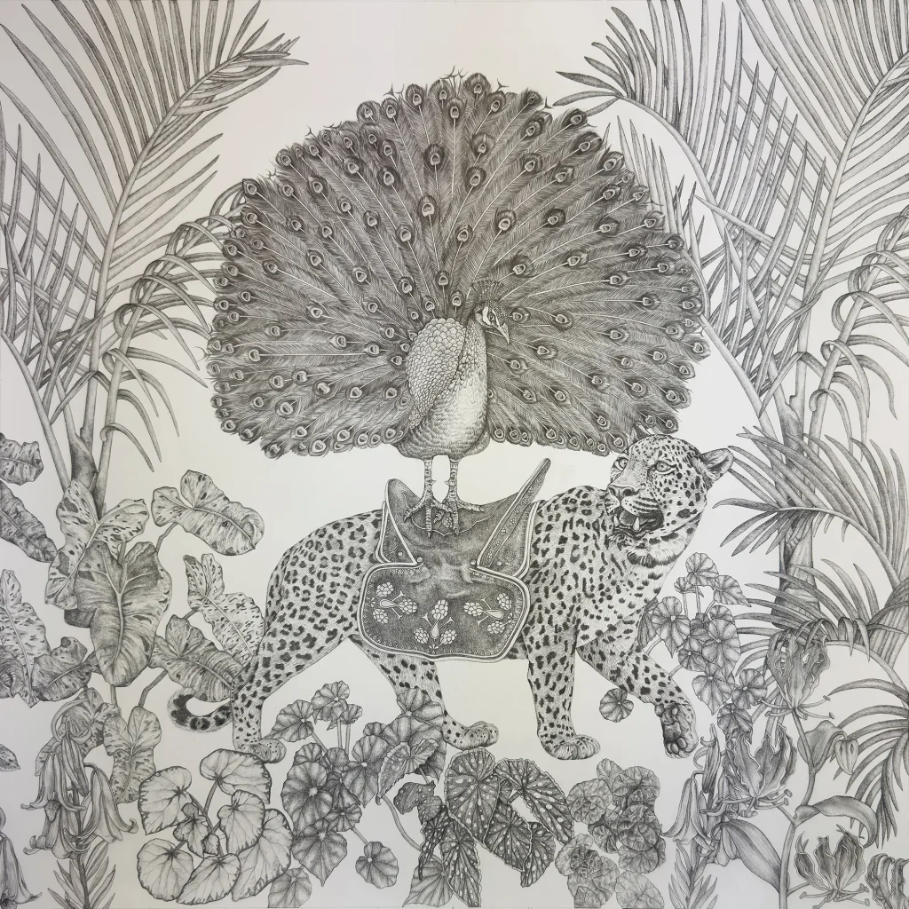 Hand-drawn illustration for Ilona Tambor Jungle Dream design with peacock leopard and jungle flora