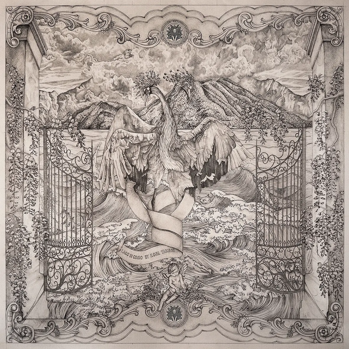 Hand-drawn pencil illustration for Ilona Tambor A/W 2025 silk scarf Lago di Como, depicting stormy waters, Venetian gates, mountains, and surreal birds.