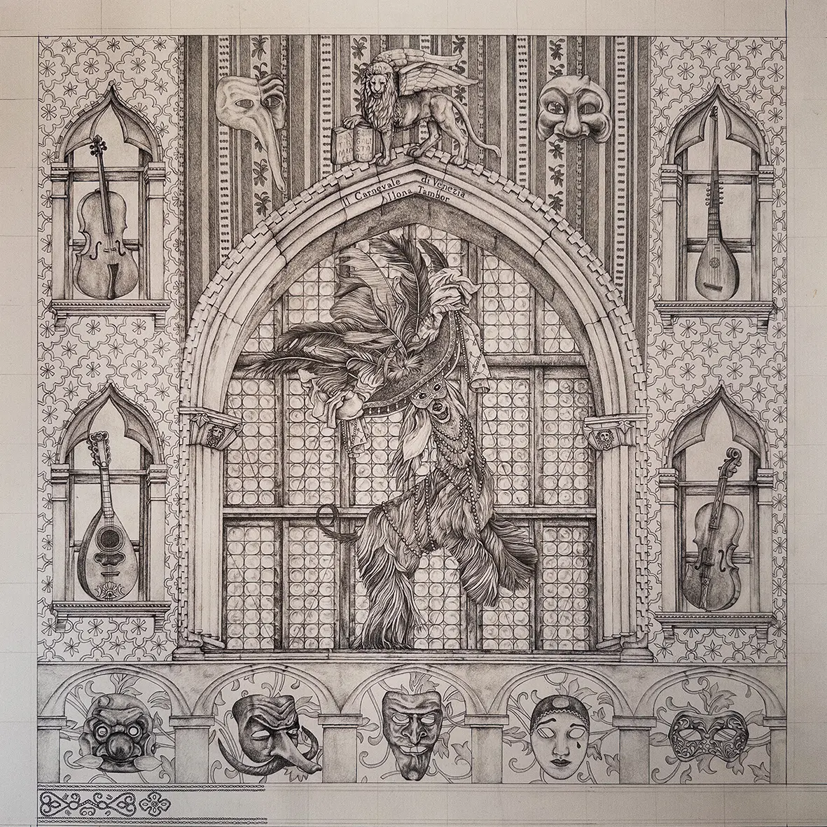 Hand-drawn pencil illustration for Ilona Tambor A/W 2025 silk scarf Il Carnevale di Venezia, featuring Afghan hound, gothic arches, violins, and carnival masks.