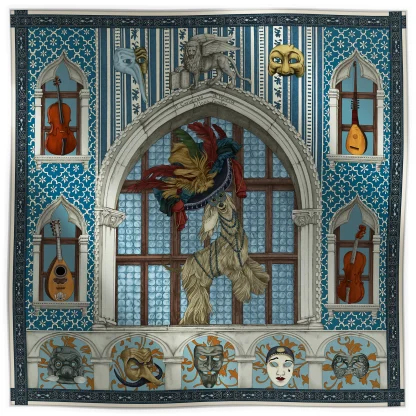 Ilona Tambor Silk Scarf Il Carnevale di Venezia Blue, A/W 2025 — hand-illustrated Venetian Greyhound in carnival hat with masks and instruments, in blue and gold tones, 100% silk, crafted in Italy.