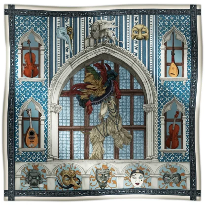 Ilona Tambor Wool Scarf Il Carnevale di Venezia Blue, A/W 2025 — hand-illustrated Venetian Greyhound in carnival hat, with masks and instruments, woven in fine wool with fringed edges, crafted in Italy.