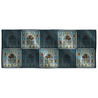 Ilona Tambor Cashmere Shawl Il Carnevale di Venezia Blue A/W 2025 — Venetian Greyhound with arches, violins, and masks in deep blue, gold and grey. Handmade in Italy.