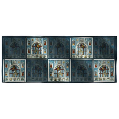 Ilona Tambor Cashmere Shawl Il Carnevale di Venezia Blue A/W 2025 — Venetian Greyhound with arches, violins, and masks in deep blue, gold and grey. Handmade in Italy.