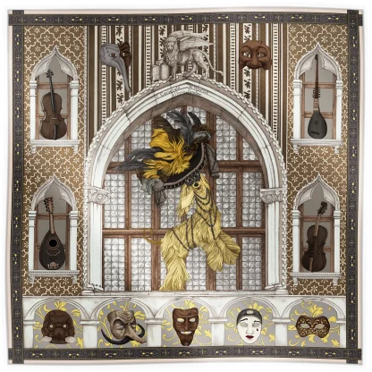 Ilona Tambor Silk Scarf Il Carnevale di Venezia Bronze, A/W 2025 — hand-illustrated Venetian Greyhound in carnival hat, with masks and instruments, 100% silk, crafted in Italy.
