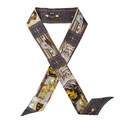 Front view of Il Carnevale di Venezia Bronze silk ribbon scarf with Venetian Greyhound and carnival mask illustration