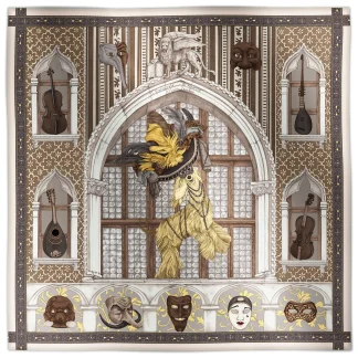 Ilona Tambor Wool Scarf Il Carnevale di Venezia Bronze, A/W 2025 — hand-illustrated Venetian Greyhound in carnival hat with masks and instruments, in bronze and golden tones, woven in fine wool with fringed edges, crafted in Italy.