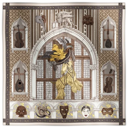 Ilona Tambor Wool Scarf Il Carnevale di Venezia Bronze, A/W 2025 — hand-illustrated Venetian Greyhound in carnival hat with masks and instruments, in bronze and golden tones, woven in fine wool with fringed edges, crafted in Italy.