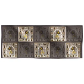 Ilona Tambor Cashmere Silk Shawl Il Carnevale di Venezia Bronze A/W 2025 — Venetian Greyhound, arches, violins, and carnival masks in bronze, gold and grey. Handmade in Italy.
