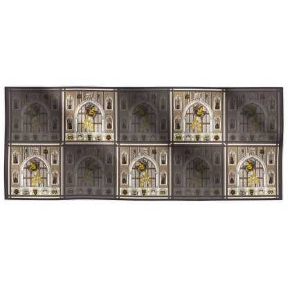 Ilona Tambor Cashmere Silk Shawl Il Carnevale di Venezia Bronze A/W 2025 — Venetian Greyhound, arches, violins, and carnival masks in bronze, gold and grey. Handmade in Italy.