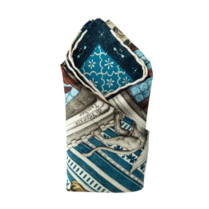 l Carnevale di Venezia Blue silk pocket square with Greyhound, masks and violins in blue and gold tones, Italian silk with hand-rolled edges.