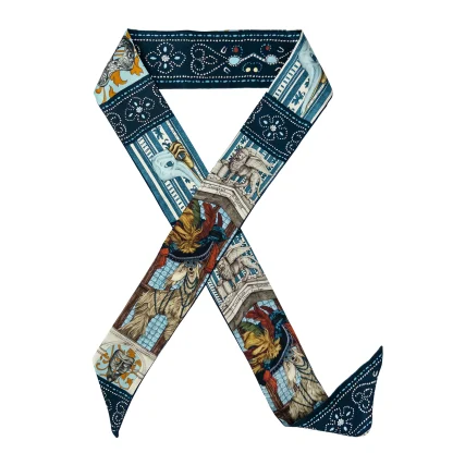 Il Carnevale di Venezia Blue silk ribbon scarf – Venetian Greyhound and carnival mask design.