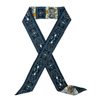 Silk Ribbon Scarf Il Carnevale di Venezia Blue – reverse side with ornamental dotted motifs in deep blue and gold accents.