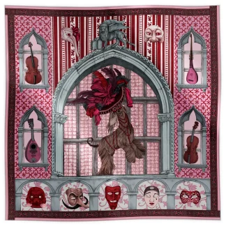 Ilona Tambor Silk Scarf Il Carnevale di Venezia Venetian Pink, A/W 2025 Collection — hand-illustrated design with Venetian masks and arches, 100% silk, crafted in Italy.