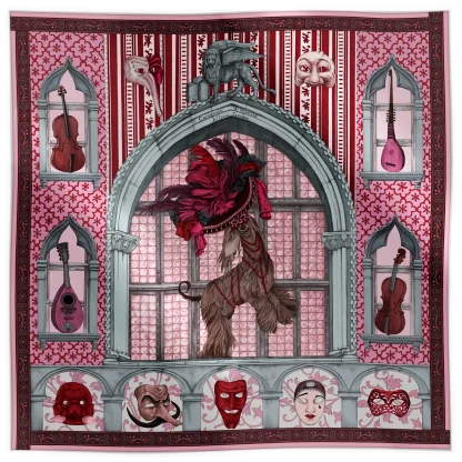 Ilona Tambor Silk Scarf Il Carnevale di Venezia Venetian Pink, A/W 2025 Collection — hand-illustrated design with Venetian masks and arches, 100% silk, crafted in Italy.