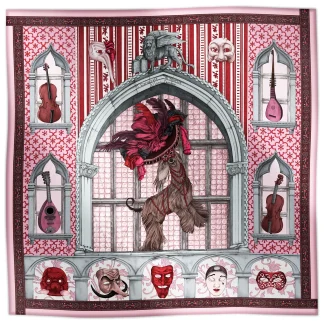 Ilona Tambor Wool Scarf Il Carnevale di Venezia Venetian Pink, A/W 2025 — hand-illustrated Venetian Greyhound in carnival hat, with masks and instruments, in pink and grey tones, woven in fine wool with fringed edges, crafted in Italy.