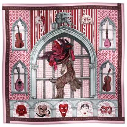Ilona Tambor Wool Scarf Il Carnevale di Venezia Venetian Pink, A/W 2025 — hand-illustrated Venetian Greyhound in carnival hat, with masks and instruments, in pink and grey tones, woven in fine wool with fringed edges, crafted in Italy.
