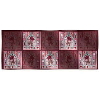 Ilona Tambor Cashmere Shawl Il Carnevale di Venezia Pink A/W 2025 — hand-illustrated Venetian Greyhound with arches, violins, and carnival masks in pink, grey and burgundy. Woven in Italy from pure cashmere with soft drape.