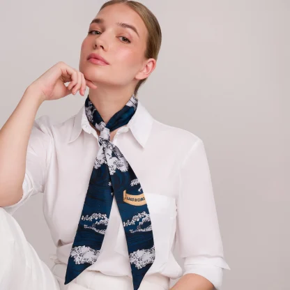 Silk Ribbon Scarf Lago di Como Navy Blue - Image 2