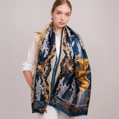 Model wearing an Ilona Tambor hand-illustrated cashmere silk shawl