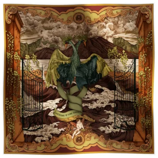 Ilona Tambor Silk Scarf Lago di Como Verdant Gold, A/W 2025 Collection — hand-illustrated design with imagined birds and ornamental gates, crafted in Italy.