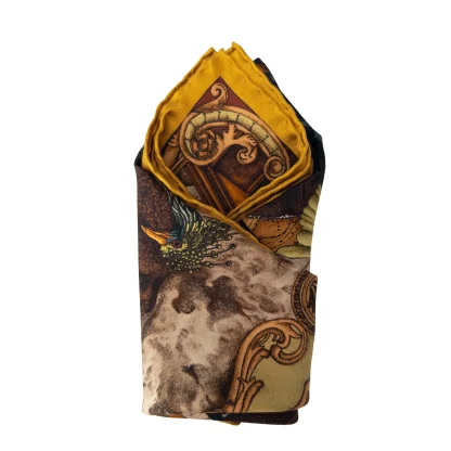 Lago di Como Verdant Gold silk pocket square by Ilona Tambor, crafted in Italy from pure silk with hand-rolled edges.