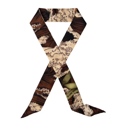 Ilona Tambor Silk Ribbon Scarf Lago di Como Verdant Gold A/W 2025 — hand-illustrated waves and foliage in earthy brown and green-gold.