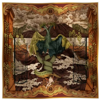 Ilona Tambor Wool Scarf Lago di Como Verdant Gold, A/W 2025 — hand-illustrated ornamental gates with imagined birds in green and gold tones, woven in fine wool with fringed edges, crafted in Italy.