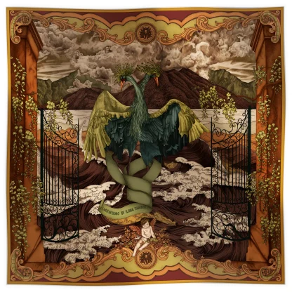 Ilona Tambor Wool Scarf Lago di Como Verdant Gold, A/W 2025 — hand-illustrated ornamental gates with imagined birds in green and gold tones, woven in fine wool with fringed edges, crafted in Italy.