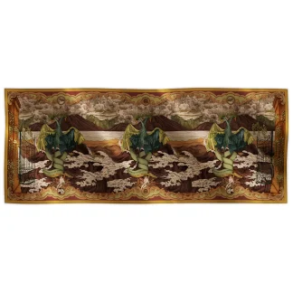 Ilona Tambor Cashmere Shawl Lago di Como Verdant Gold A/W 2025 — hand-illustrated bird motifs with ornamental gates in green and gold. Handmade in Italy.