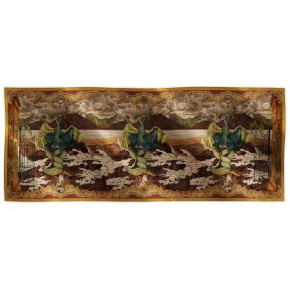 Ilona Tambor Cashmere Shawl Lago di Como Verdant Gold A/W 2025 — hand-illustrated bird motifs with ornamental gates in green and gold. Handmade in Italy.