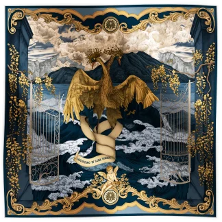 Ilona Tambor Silk Scarf Lago di Como Navy Blue, A/W 2025 Collection — hand-illustrated design with imagined birds and ornamental gates, crafted in Italy.