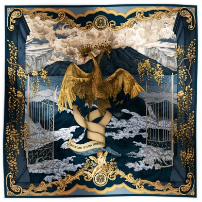 Ilona Tambor Silk Scarf Lago di Como Navy Blue, A/W 2025 Collection — hand-illustrated design with imagined birds and ornamental gates, crafted in Italy.