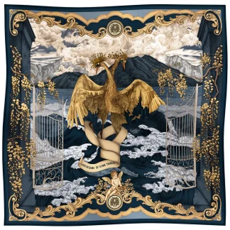 Ilona Tambor Wool Scarf Lago di Como Navy Blue, A/W 2025 — hand-illustrated ornamental gates with imagined bird motifs in navy and gold, woven in fine wool with fringed edges, crafted in Italy.