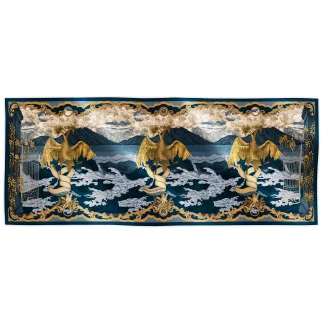 Ilona Tambor Cashmere Shawl Lago di Como Navy Blue A/W 2025 — hand-illustrated bird motifs with ornamental gates in deep navy and gold. Handmade in Italy.