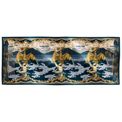 Ilona Tambor Cashmere Shawl Lago di Como Navy Blue A/W 2025 — hand-illustrated bird motifs with ornamental gates in deep navy and gold. Handmade in Italy.