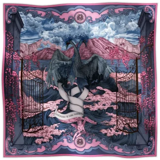 Ilona Tambor Silk Scarf Lago di Como Pink, A/W 2025 Collection — hand-illustrated design with imagined birds and ornamental gates, crafted in Italy.