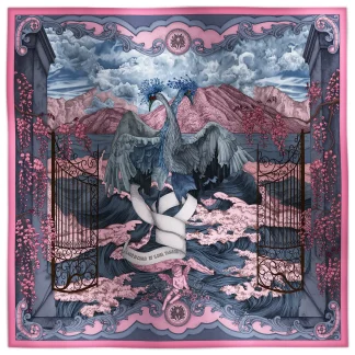 Ilona Tambor Wool Scarf Lago di Como Pink, A/W 2025 — hand-illustrated ornamental gates with imagined bird motifs in pink and grey tones, woven in fine wool with fringed edges, crafted in Italy.