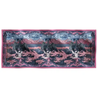 Ilona Tambor Cashmere Shawl Lago di Como Pink A/W 2025 — hand-illustrated bird motifs with ornamental gates in pink and grey tones. Handmade in Italy.