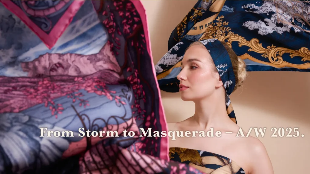Ilona Tambor A/W 2025 collection banner featuring Lago di Como and Il Carnevale di Venezia silk scarf campaign imagery