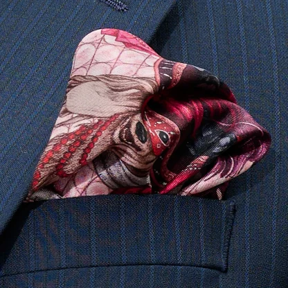 Il Carnevale di Venezia Venetian Pink Silk Pocket Square folded in jacket pocket — pink and burgundy tones, handmade in Italy.