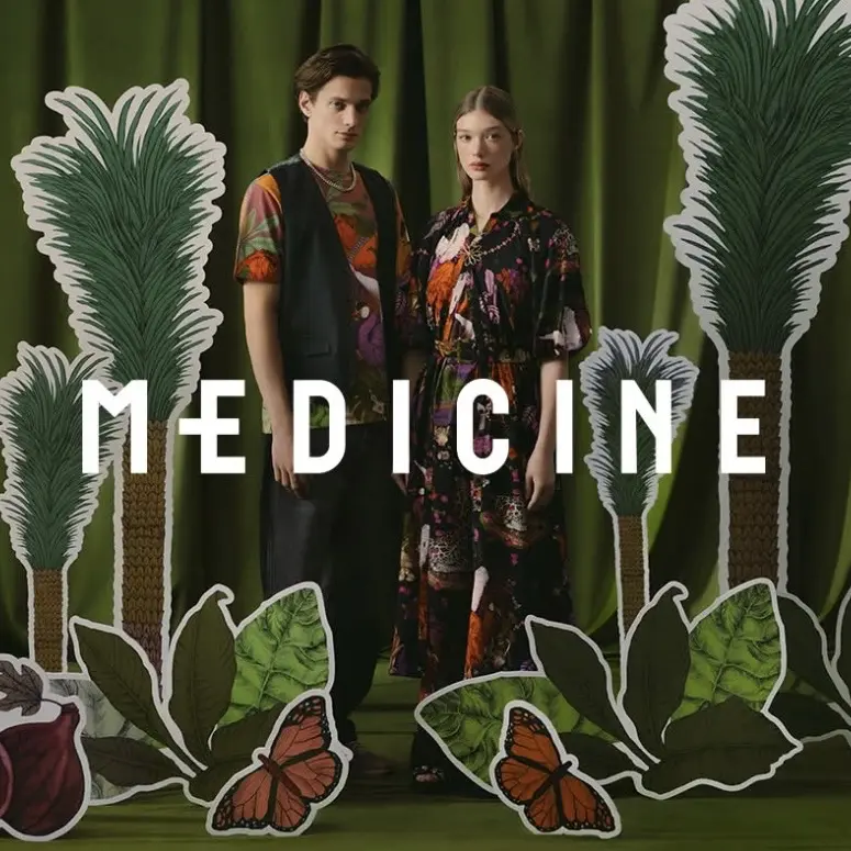 Models wearing Ilona Tambor x Medicine collection with illustrated silk designs inspired by hand-drawn artwork