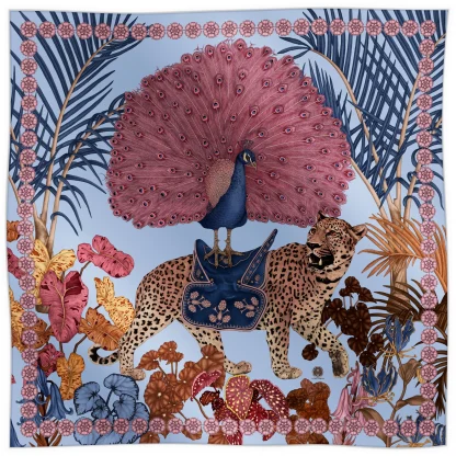 Blue silk scarf Jungle Dream peacock leopard Ilona Tambor