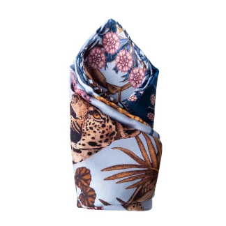 blue silk pocket square Jungle Dream peacock leopard Ilona Tambor