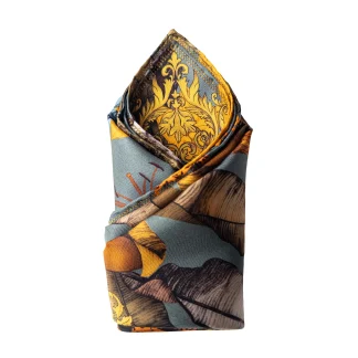 emerald green silk pocket square with tropical birds and foliage Ilona Tambor