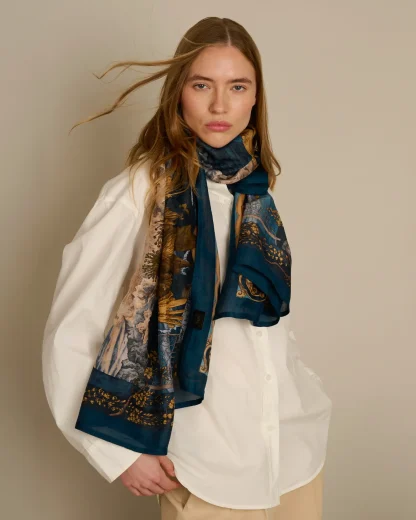 Navy blue cotton silk scarf with golden birds and ornate Lake Como inspired design, Ilona Tambor