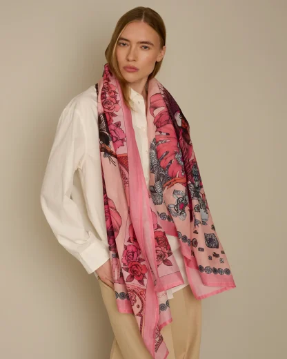 The Grand Treasure of African Crowned Crane – Cotton Silk Scarf Pink - Image 3