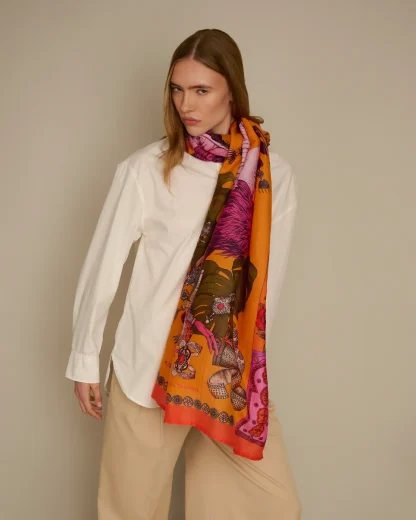 The Grand Treasure of African Crowned Crane – Cotton Silk Scarf Orange - Image 3