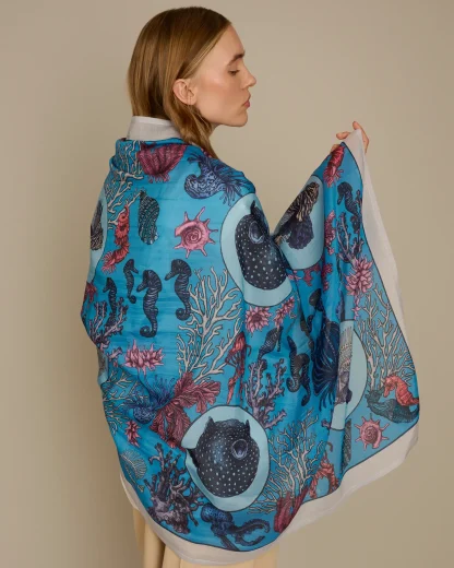 The Sea Life – Cotton Silk Scarf Blue - Image 3