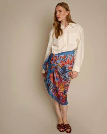 The True Summer Blue cotton silk pareo by Ilona Tambor featuring tigers, zebras, lemurs, birds, fish, water lilies and tropical foliage